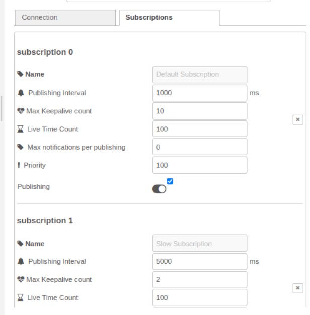 The Subscriptions tab of the connection editor "The Subscriptions tab of the connection editor"