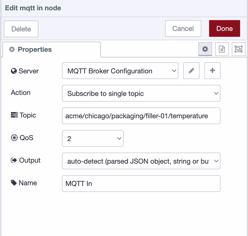 MQTT-in Node Configuration MQTT-in node configuration showing subscription settings with topic field and QoS options